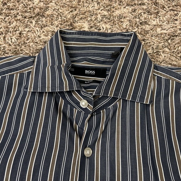 Hugo Boss Shirt Mens 39 15.5‎ Black Brown Striped Button Up Long Sleeve Slim Fit - Picture 5 of 11